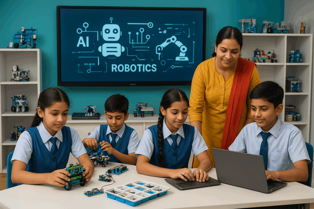 Indian school children in uniforms learning robotics and coding in a modern classroom with a teacher guiding them. A smart board highlights AI, IoT, and Robotics concepts.
