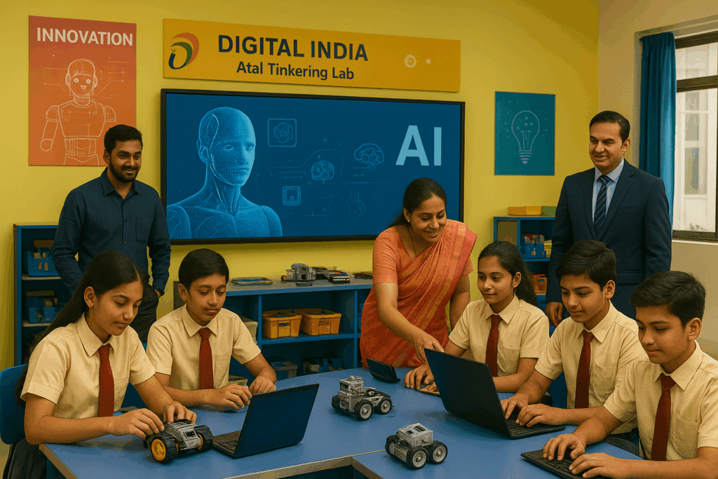 Modern Indian school Robotics and AI Lab with students in uniforms working on robotic kits, coding on laptops, and exploring AI simulations on smartboards. Teachers guide students while industry mentors observe, with posters of innovation and a ‘Digital India’ banner highlighting collaboration and future learning.