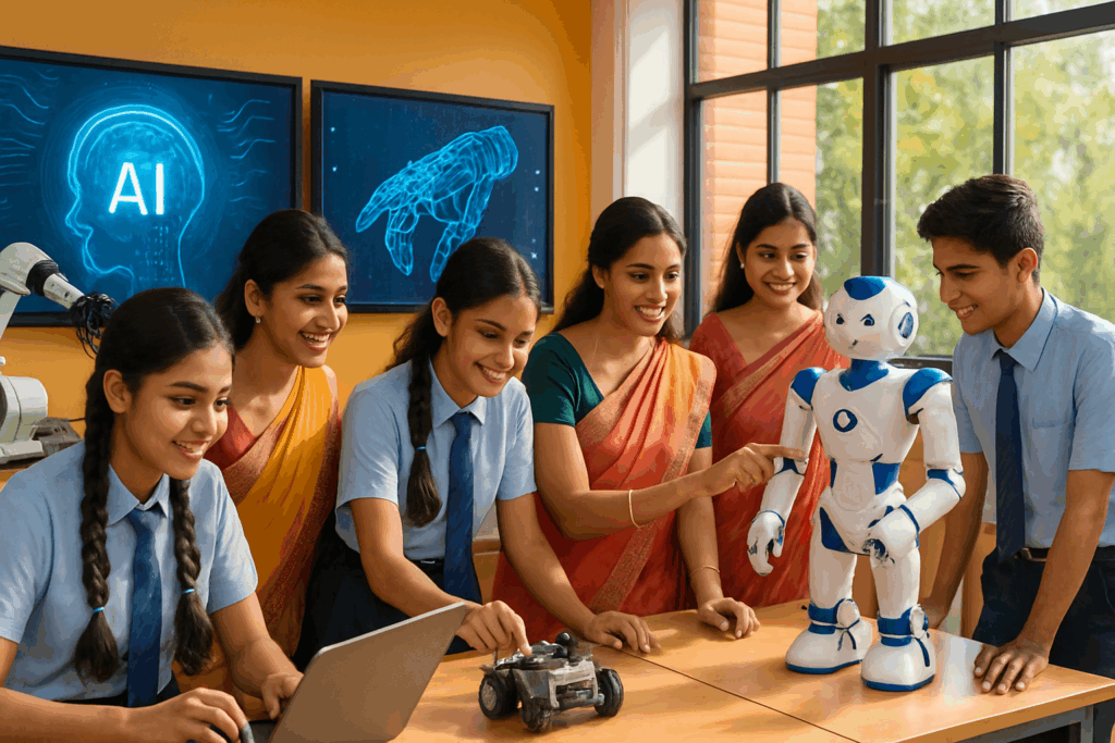Indian students and teachers collaborating in a modern artificial intelligence lab with advanced AI and robotics equipment, interactive displays, and natural sunlight, representing future-ready education.