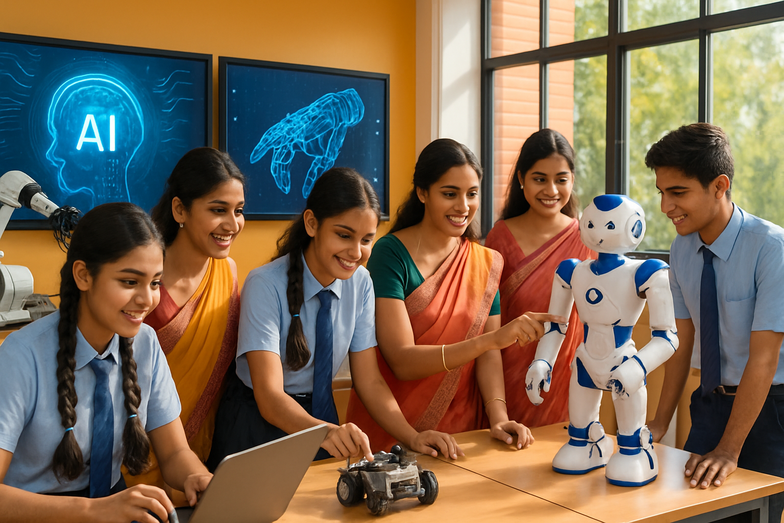 Indian students and teachers collaborating in a modern artificial intelligence lab with advanced AI and robotics equipment, interactive displays, and natural sunlight, representing future-ready education.