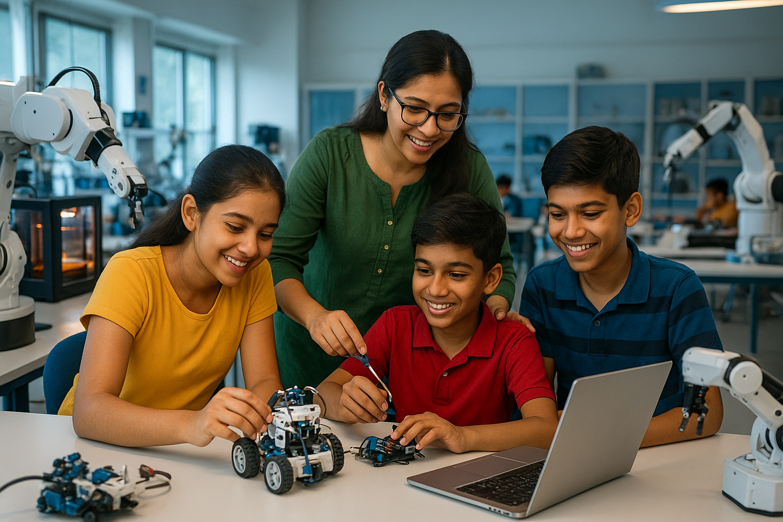 Indian students collaborating in a modern robotics lab with robots, laptops, and robotic arms.