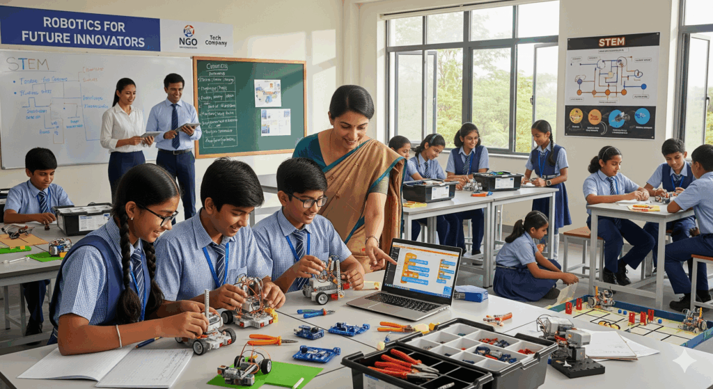 The spacious, brightly lit classroom is bustling with a diverse group of 10-14-year-old students in school uniforms. In the foreground, three students (two boys and one girl) are excitedly assembling a small robot, with colorful wires and components, while their female teacher, dressed in a saree, guides them, pointing to a laptop screen displaying a coding interface. In the background, two professionals from a tech company (a man and a woman in business attire) observe the scene with smiles, symbolizing a community partnership. A banner on the wall reads 'Robotics for Future Innovators' with logos of an NGO and a tech company. The room is filled with realistic details like robotics kits, tools, and STEM posters, creating a warm, collaborative, and authentic atmosphere.