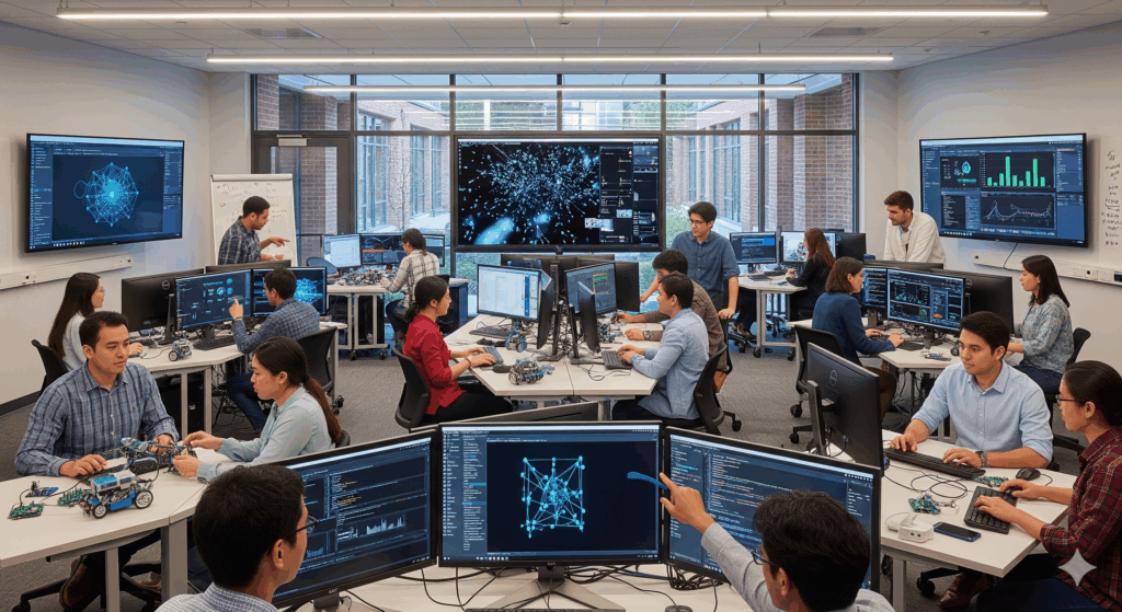 A highly advanced AI and IoT labs in an educational setting, featuring students and researchers collaborating on technology projects. The lab is equipped with IoT sensors, robotics, and AI-powered computers, with large interactive screens displaying data visualizations. The environment is bright, modern, and professional, showcasing a dynamic and innovative learning atmosphere.