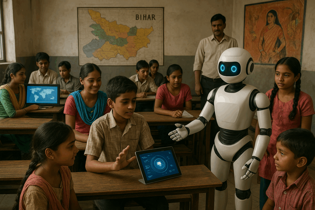A realistic classroom in Bihar, India showcasing the importance of AI in education, where students interact with a humanoid robot and AI-powered tablets. The scene blends modern technology with traditional learning, featuring wooden desks, a Bihar map, and cultural artwork while highlighting how AI enhances teaching and student engagement.
