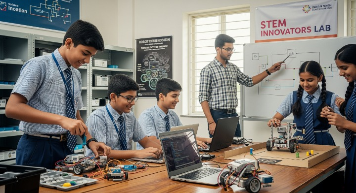 A vibrant, hyper-realistic 4K Ultra HD landscape image capturing a lively robotics lab in a modern Indian school. The scene is brightly lit by natural sunlight streaming through large windows, casting soft shadows. In the foreground, a diverse group of five 12-15-year-old students in school uniforms (three boys and two girls) are intensely focused on building a robot at a sturdy wooden table, surrounded by authentic LEGO Mindstorms and Arduino kits, motors, sensors, and colorful wires. One student is using a screwdriver, another is coding on a laptop displaying a Python interface, and a third is testing a wheeled robot on a small obstacle course. In the background, a young male teacher with glasses is explaining a robot circuit diagram on a whiteboard to two attentive students. The classroom features organized shelves with robotics kits, a poster about a robot design competition, and a banner reading 'STEM Innovators Lab' with a fictional Indian NGO logo. The image conveys curiosity, collaboration, and excitement with realistic textures, natural lighting, and candid expressions, making it feel like a professional photograph from a real school setting.