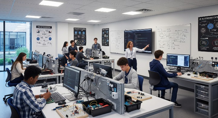 A highly realistic depiction of an IoT and AI lab designed for schools and colleges. The lab features modern equipment like sensors, microcontrollers, and computers. Students and teachers are actively engaged in hands-on learning, working on projects and analyzing data in a well-lit, organized, and collaborative environment.