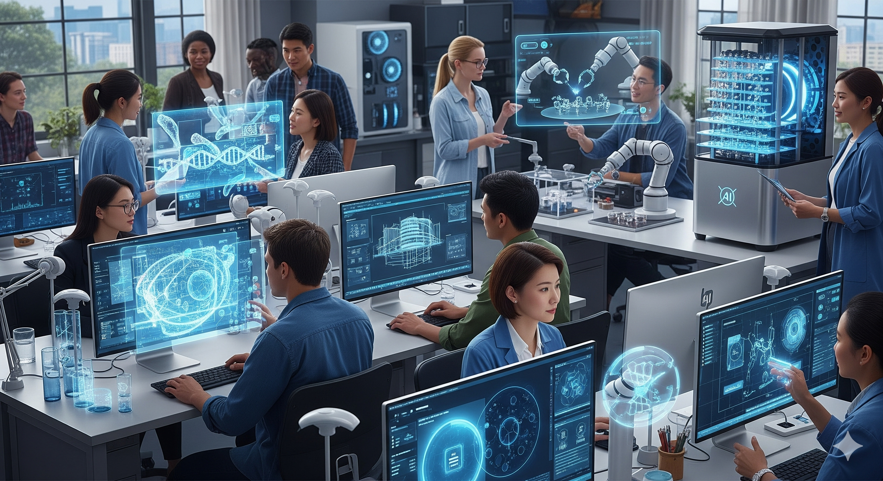 A futuristic technology hub showcasing the integration of AI and IoT in education and research. The image features a modern lab with diverse students and researchers collaborating on advanced projects, surrounded by holographic displays, AI-powered computers, IoT devices, and cutting-edge tools like quantum computers and robotics. The atmosphere is vibrant, innovative, and focused on groundbreaking discoveries.