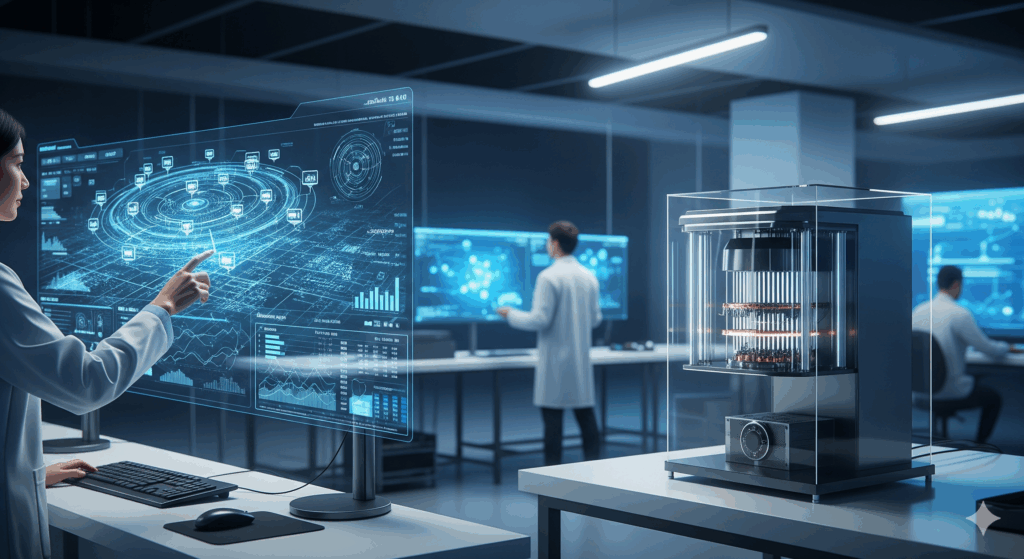 A futuristic technology lab integrating AI and IoT with emerging technologies. The lab features advanced devices like quantum computers, edge computing systems, and AI-driven IoT devices. Holographic displays showcase futuristic data visualizations and interconnected systems. Researchers and students are actively engaged in a sleek, modern environment, emphasizing innovation and the future of technology.