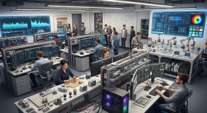 A highly realistic depiction of an IoT and AI lab setup, showcasing advanced equipment like sensors, microcontrollers, GPU-powered computers, and robotic arms. Researchers are actively working on projects, surrounded by data visualizations in a clean, futuristic environment designed for innovation and collaboration.