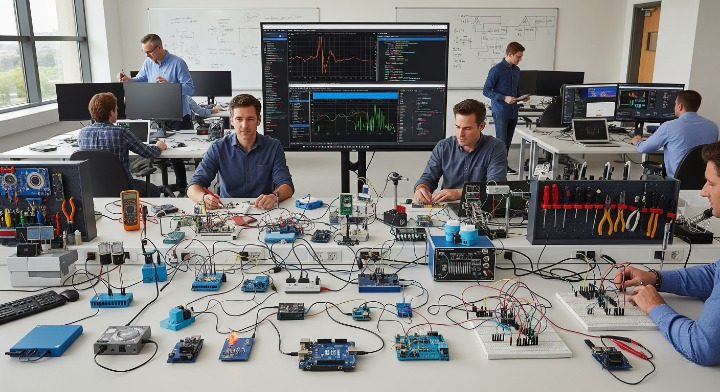 A highly realistic depiction of IoT experimentation equipment, featuring sensors, actuators, microcontrollers like Arduino and Raspberry Pi, and single-board computers on a modern lab bench. Engineers are actively testing devices and analyzing data in a professional, well-lit environment designed for hands-on innovation