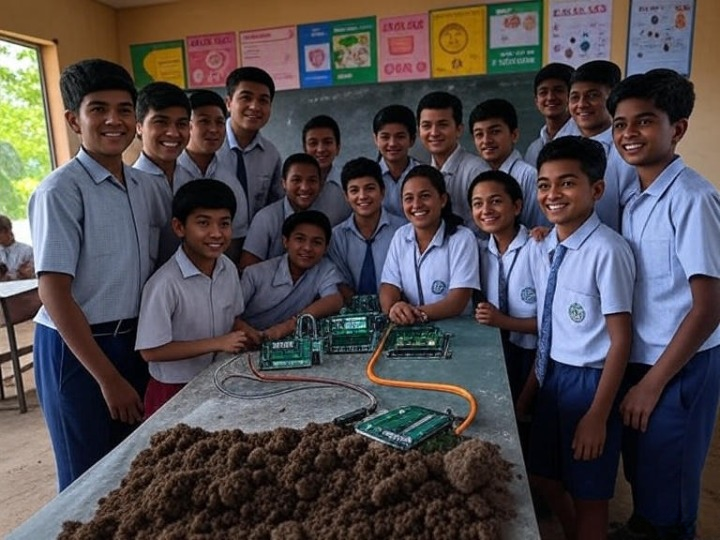 A highly realistic 4K Ultra HD photograph showcasing success stories of IoT Labs in rural Bihar, India. Students aged 12-15 in Saran, wearing school uniforms, proudly present an IoT-based soil moisture sensor to local farmers and teachers. The vibrant classroom features natural light from open windows with greenery, colorful STEM posters, and a chalkboard. Arduino, Raspberry Pi, and sensors on wooden tables highlight the impact of IoT Labs on K-12 Education in Bihar and Education in India.