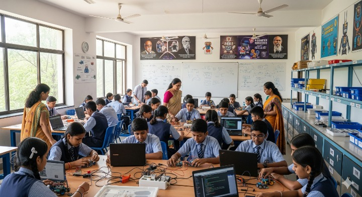 A bustling robotics lab in a modern Indian school. The lab is filled with students in school uniforms, aged 10-16, working collaboratively in small groups around large wooden tables. Each table has various robotic components, wires, circuit boards, and laptops displaying code. Some students are assembling small robots, while others are programming or testing their creations.

The lab has large windows letting in bright natural light, revealing a glimpse of green trees outside. Whiteboards on the walls are covered with complex diagrams, equations, and colorful drawings of robots. Posters with images of famous scientists and engineers, as well as Indian robotics competitions, adorn other wall spaces. The room is clean and well-organized, with tools and components neatly stored in labeled drawers and shelves along one wall.

A few teachers, dressed in traditional Indian attire like saris or kurta pajamas, are circulating, offering guidance and assistance to the students. A prominent sign above the main entrance within the lab reads "रोबोटिक्स लैब" (Robotics Lab) in Hindi and "Robotics Lab" in English. The overall atmosphere is one of focused learning, excitement, and innovation.