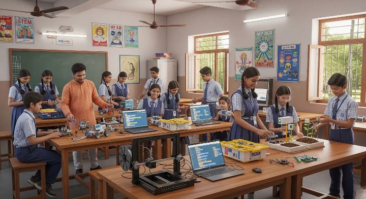 A vibrant and well-lit photo of a Robotics and IoT lab in a rural government school in Bihar, India. Students aged 12-15, dressed in school uniforms, are actively engaged in hands-on activities. Some are assembling a robot, others are coding on laptops, and a group is testing an IoT soil moisture sensor. A teacher in a kurta enthusiastically guides them. The lab is equipped with modern tech like a 3D printer and microcontrollers, with colorful STEM posters on the walls.