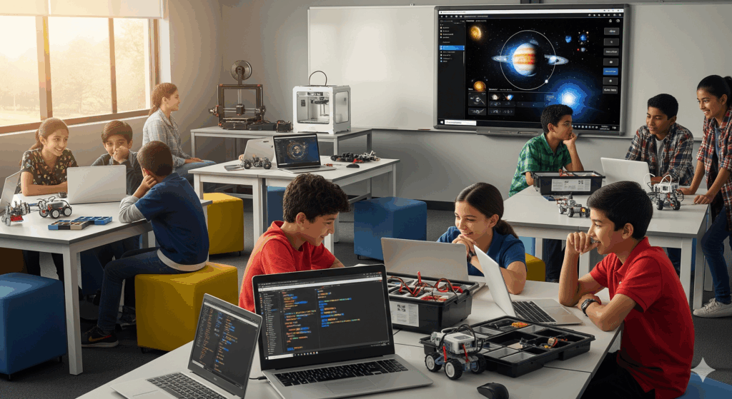 A vibrant, realistic 4K image of a Smart Labs classroom with diverse students collaborating on STEM projects, featuring robotics kits, 3D printers, and interactive whiteboards, transforming school curriculum and boosting student performance.
