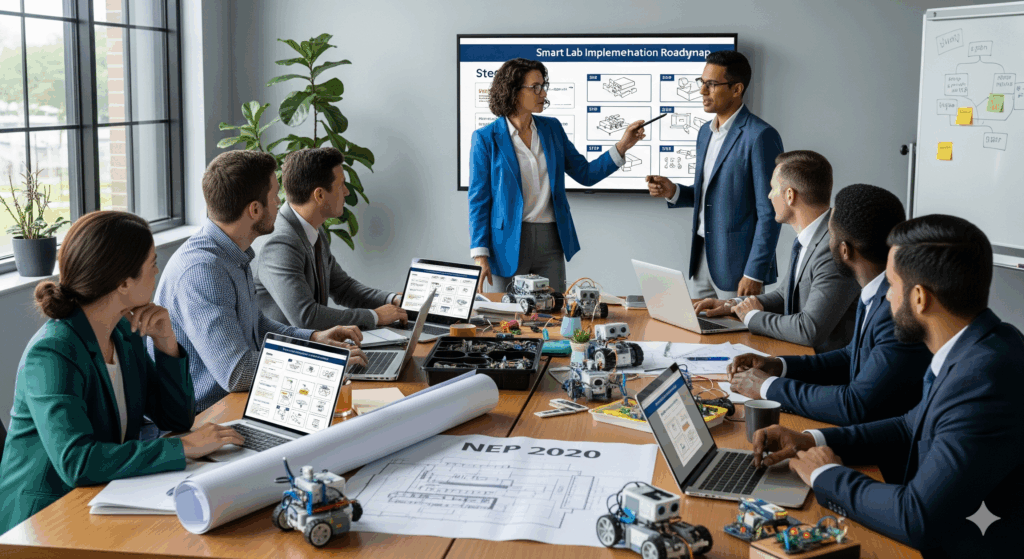 A realistic 4K image of a school conference room where diverse educators discuss a step-by-step Smart Labs implementation plan, featuring laptops, blueprints, and robotics kits, transforming school curriculum and enhancing student performance.