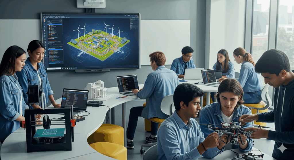 A hyper-realistic 4K image of a Smart Labs classroom with diverse students collaborating on robotics, 3D printing, and coding projects, showcasing how Smart Labs transform school curriculum and enhance student performance.