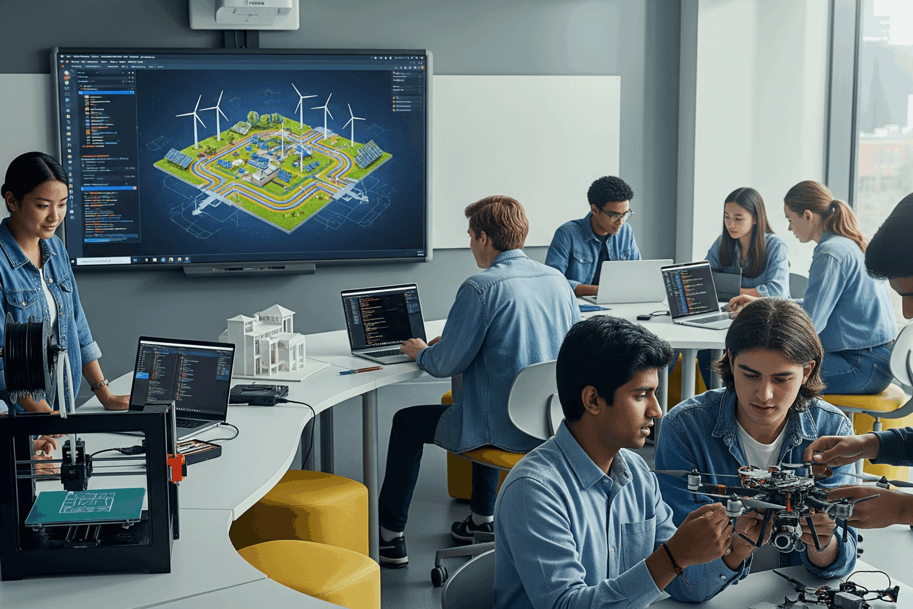 A hyper-realistic 4K image of a Smart Labs classroom with diverse students collaborating on robotics, 3D printing, and coding projects, showcasing how Smart Labs transform school curriculum and enhance student performance.