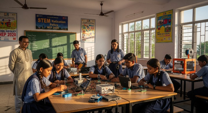 A highly realistic 4K Ultra HD photograph of students working in an IoT Labs classroom in Muzaffarpur, Bihar, India. The students, aged 12-15, are in school uniforms and are collaborating on a solar-powered irrigation system using Arduino, Raspberry Pi, and other IoT equipment. A teacher observes them in the sunlit rural classroom with STEM posters on the walls