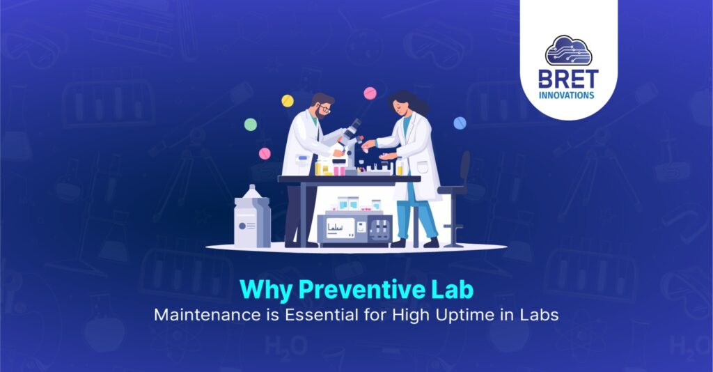 Two scientists in a laboratory performing experiments, emphasizing the importance of preventive lab maintenance for high uptime and reliable operations.