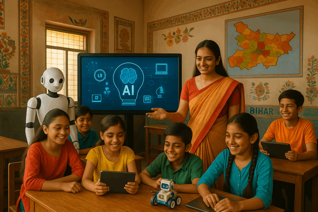 A realistic 4K classroom in Bihar, India where students and a teacher actively engage with AI-powered tablets, robotics kits, and digital screens. The room blends traditional Bihar folk art and a regional map with modern technology, illuminated by soft natural sunlight, showing authentic student expressions and the inspiring role of AI in education.