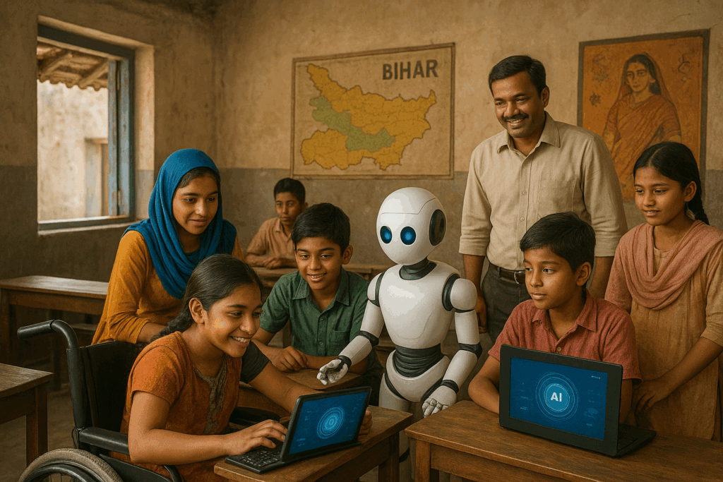 A realistic rural classroom in Bihar, India showing the importance of inclusive AI in education. Diverse students, including a girl in a wheelchair, engage with AI-powered laptops and a humanoid robot, guided by a smiling teacher. The classroom features a Bihar map, traditional artwork, and natural lighting, symbolizing empowerment, collaboration, and accessibility through AI.